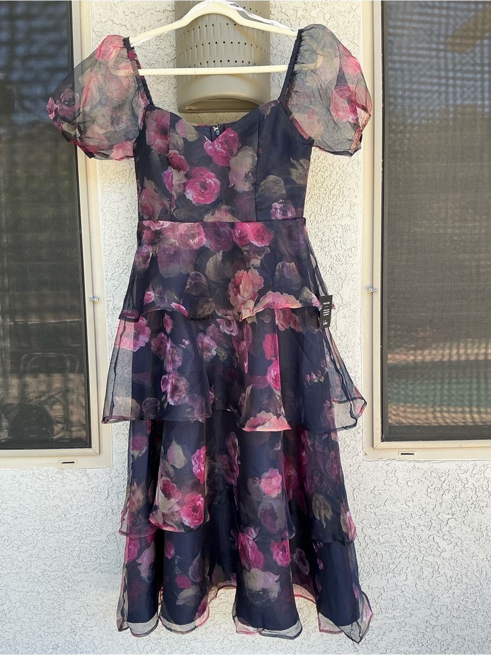 NWT Lulu’s Oh-So Stunning Navy Blue Floral Organza Tiered Midi Dress Medium - Picture 3 of 11
